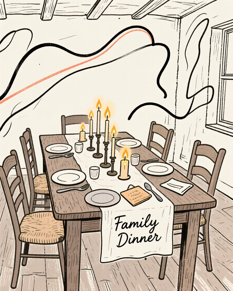 A rustic dining room table set for a family dinner with candles glowing.