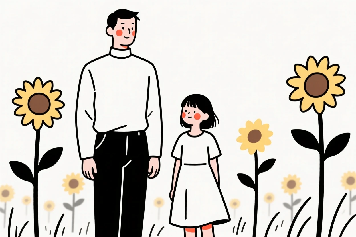 A father and daughter in a sleek minimalist outfit, in a sunflower field.