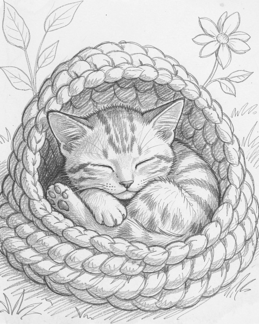 A charming close-up of a kitten napping inside a cozy knitted hat in a sunlit garden, with tiny paws tucked in close.