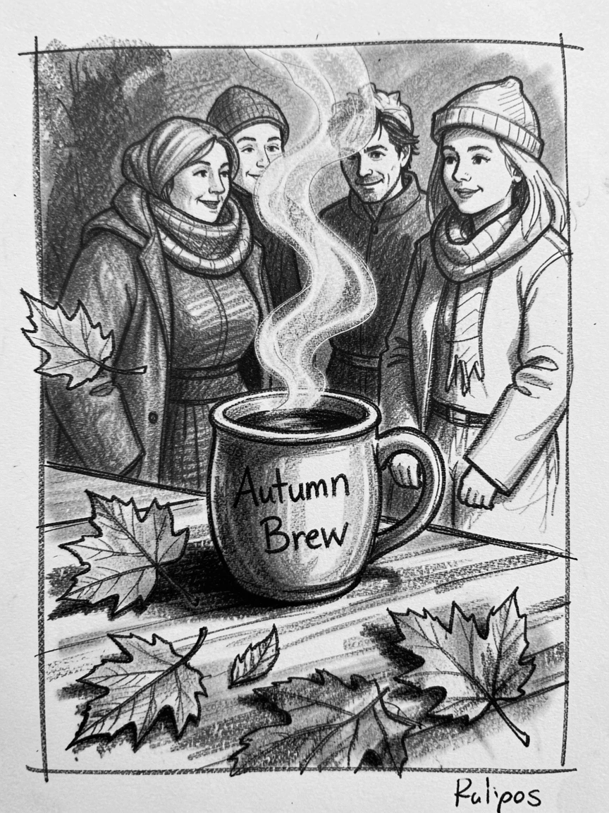 A cozy autumn scene with a steaming mug and falling leaves, with everyone gathered close together.
