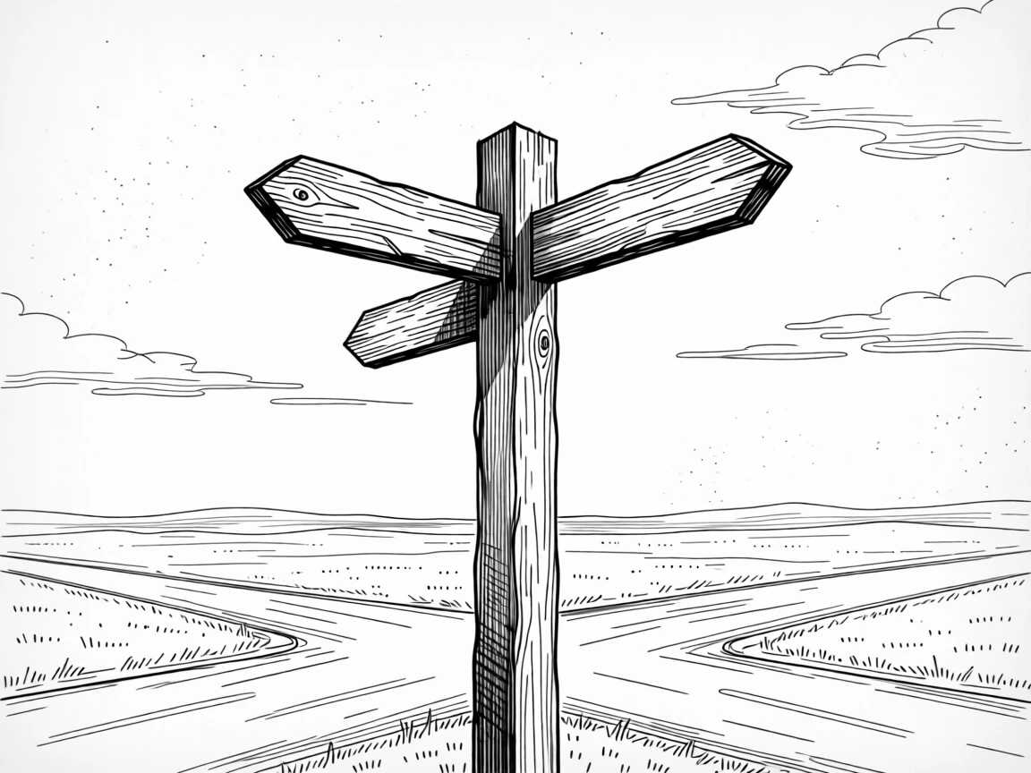 A single wooden signpost standing at a crossroads beneath a wide open sky.