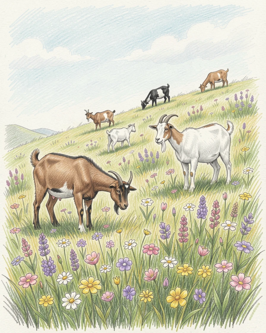 A pastoral hillside dotted with wildflowers and grazing goats, framed thoughtfully to draw the eye toward the central subject, celebrating a moment people would love to revisit.