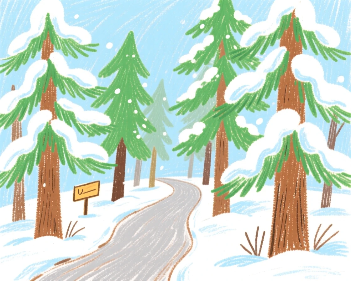 Tall pine trees dusted with fresh snow along a quiet trail.