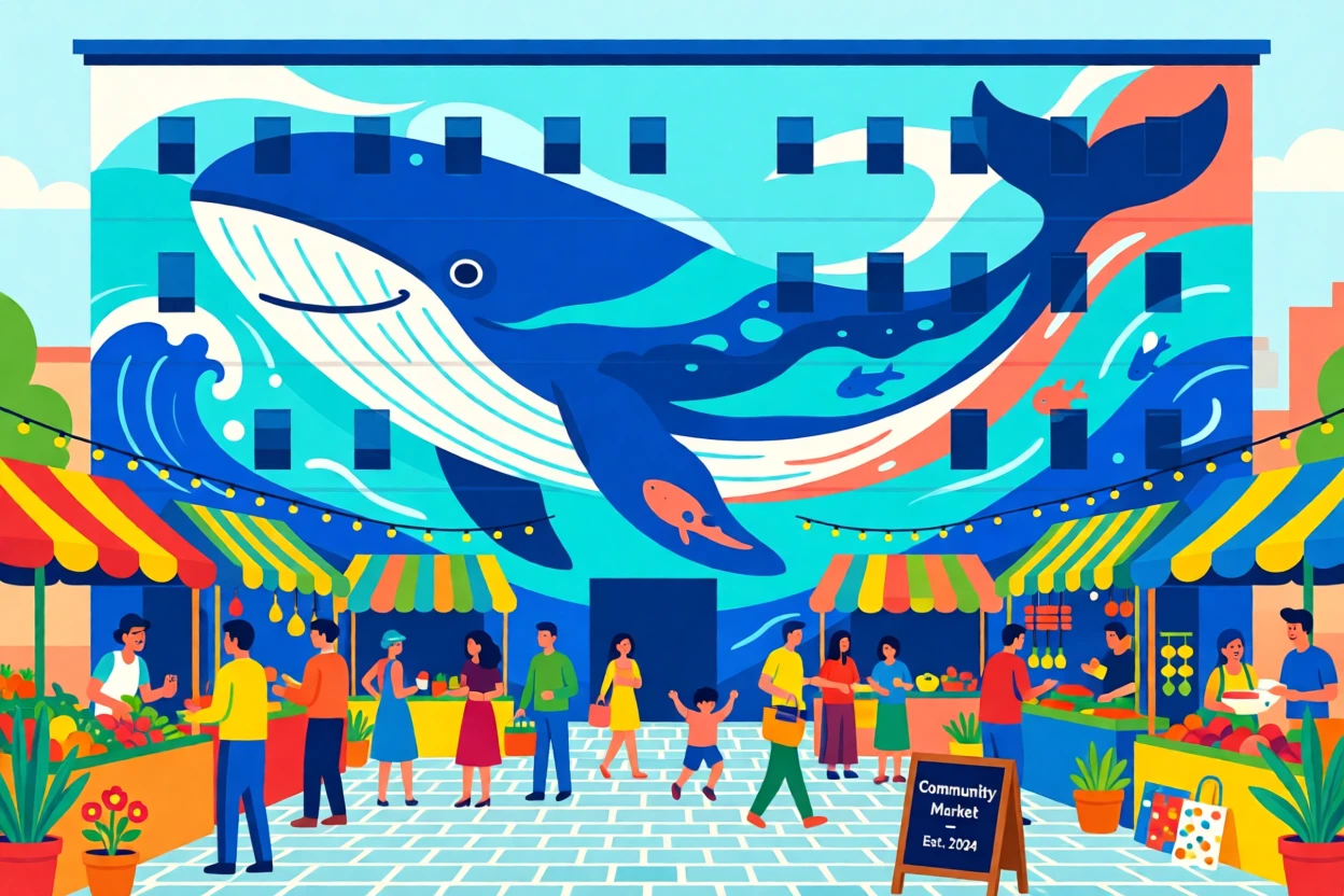 A vibrant mural of a friendly whale spanning an entire building, set within a bustling, cheerful marketplace, framed with vibrant colors and lively energy, with a sense of community and connection in every detail.