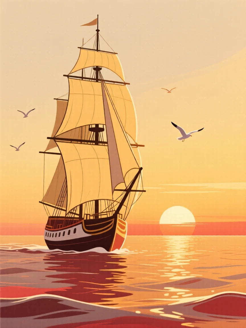 A ship sailing bravely toward the horizon during a golden sunset.