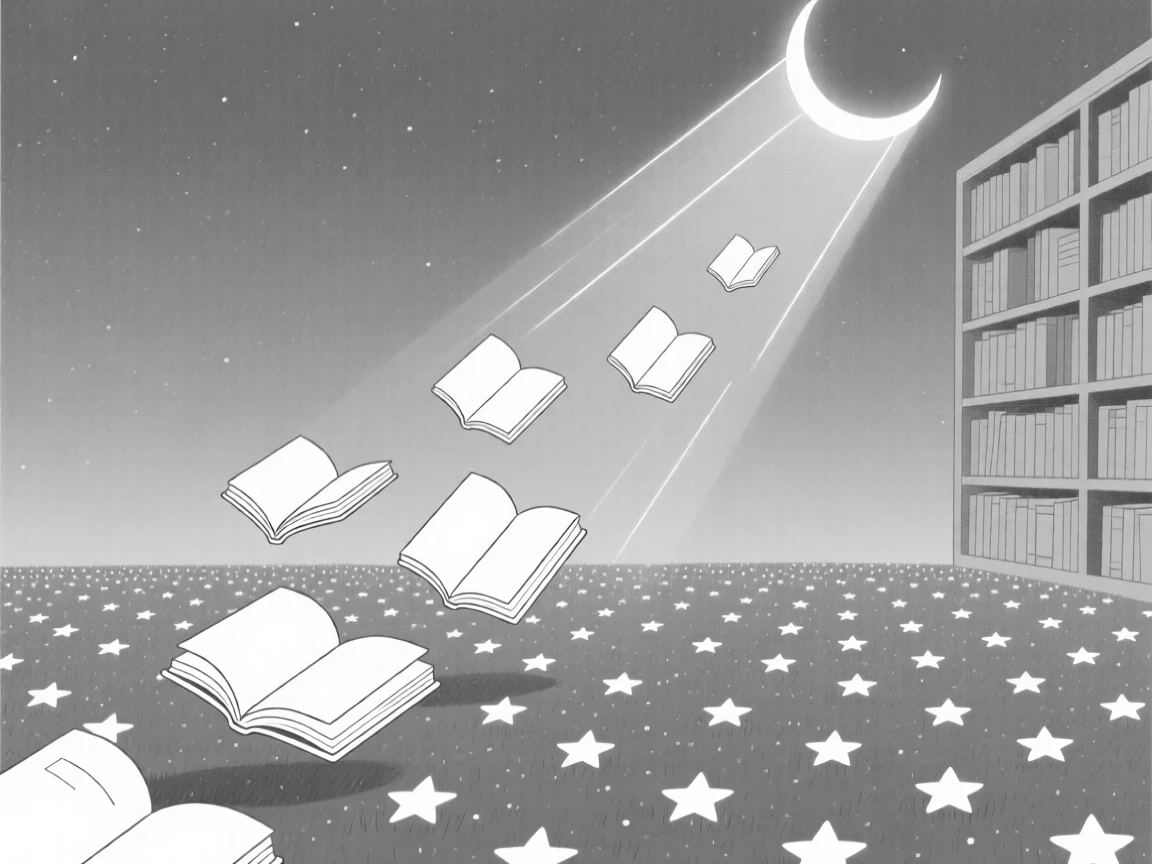 A dreamlike library with floating books rising from an endless field of stars, filled with gentle beams of moonlight, evoking quiet enchantment.