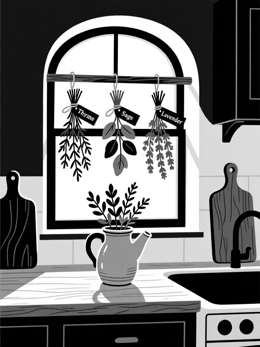 A quiet countryside kitchen with herbs drying by the window.
