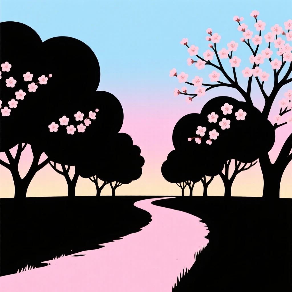 A quiet orchard path lined with trees in full spring blossom.