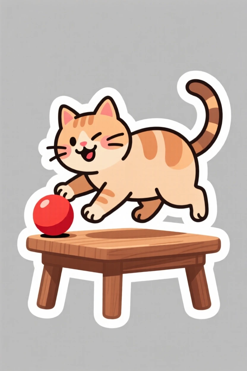 A warmly comforting cat knocking a small object off a table with a mischievous look, captured in a candid, feel-good moment, the kind of wholesome scene that brightens a day.
