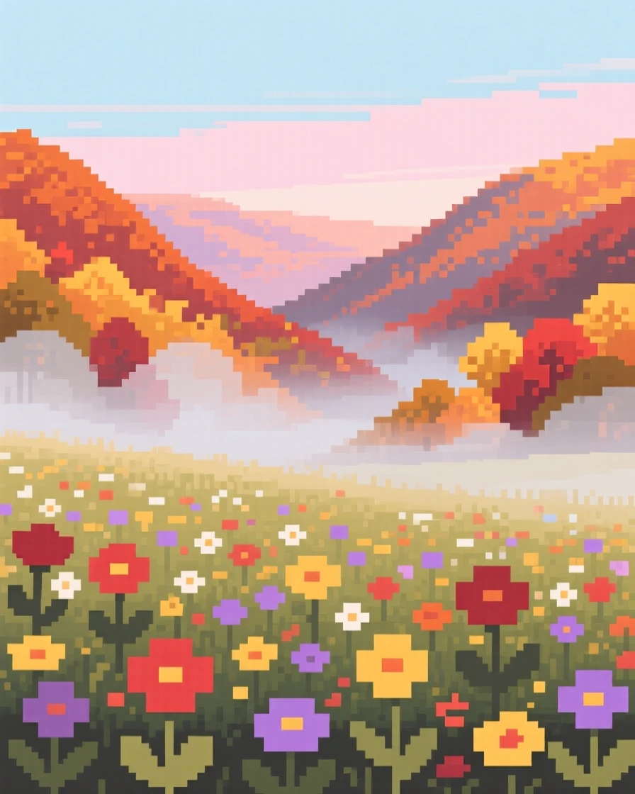 A field of wildflowers wrapped in a light morning mist, within a valley covered in autumn color.