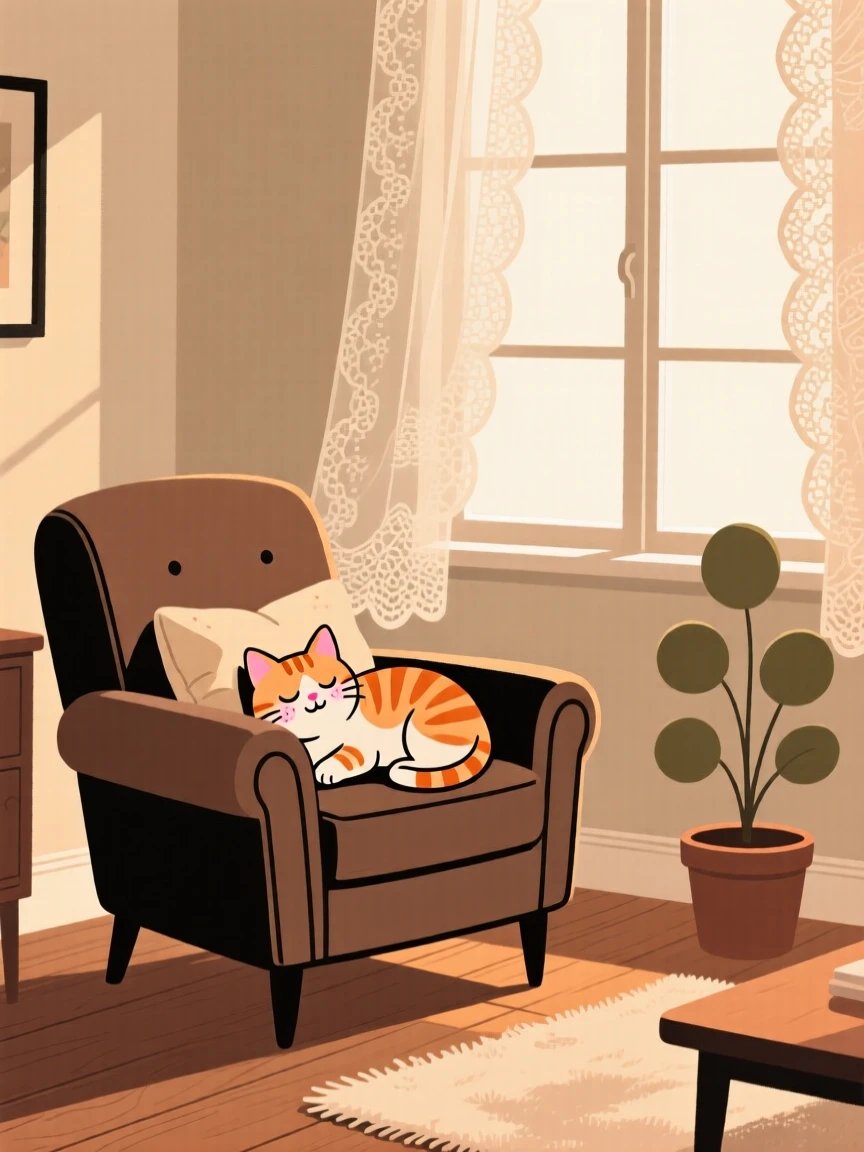Morning light spills across a cozy living room filled with vintage furniture and lace curtains, where a tabby kitten naps peacefully on the armchair cushion.