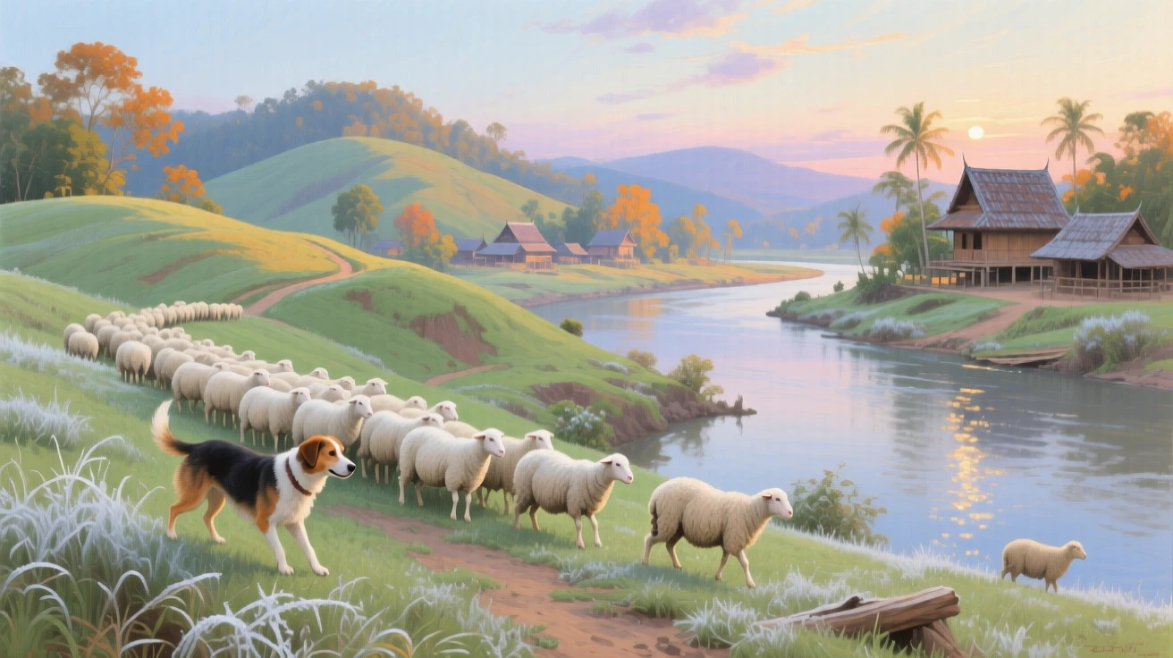 A sweeping wide shot of a shepherd dog herding sheep across a rolling green hillside, in a Thai river village, during the first frost of autumn.