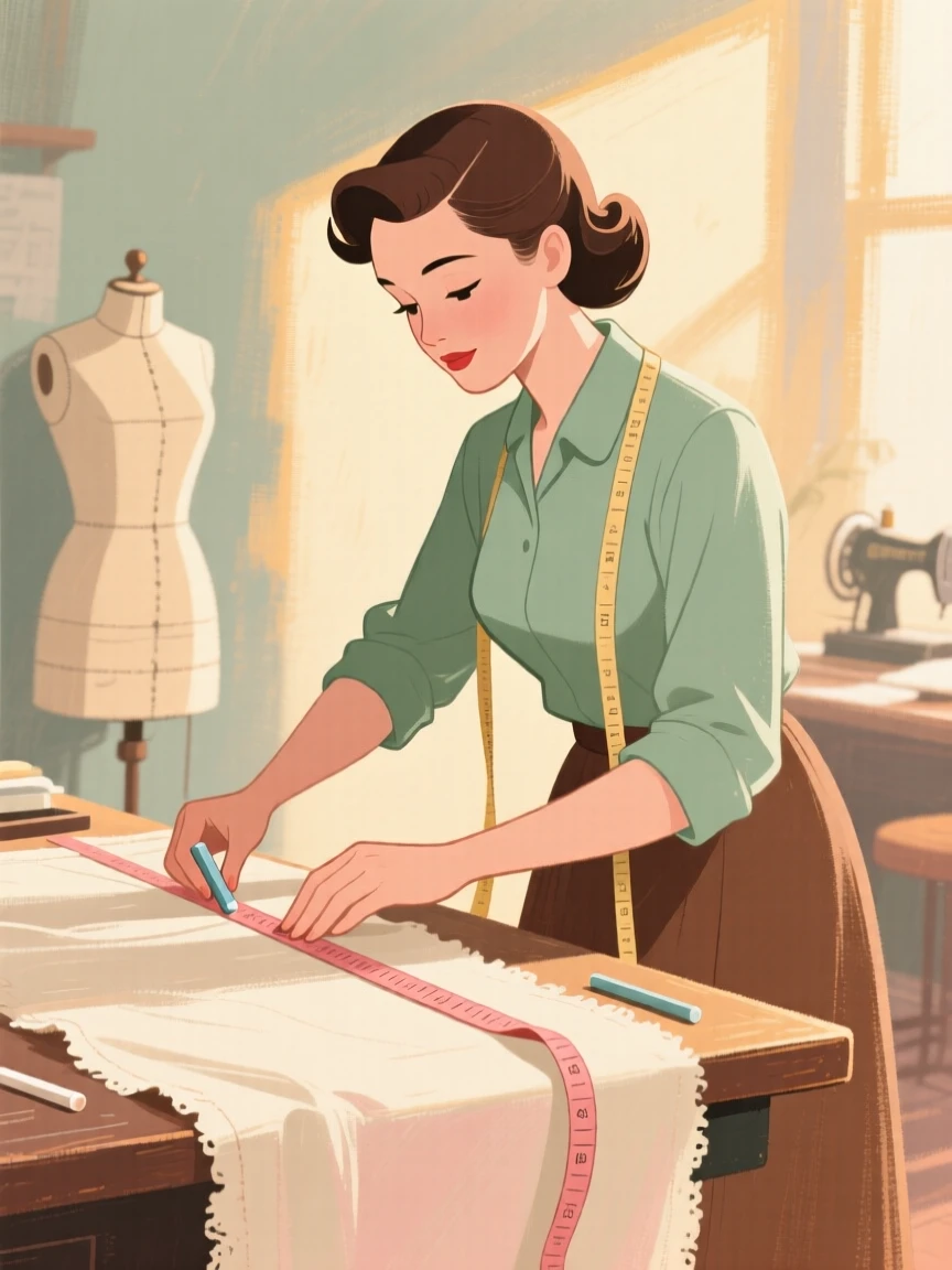 A tailor measuring fabric with a length of ribbon and chalk