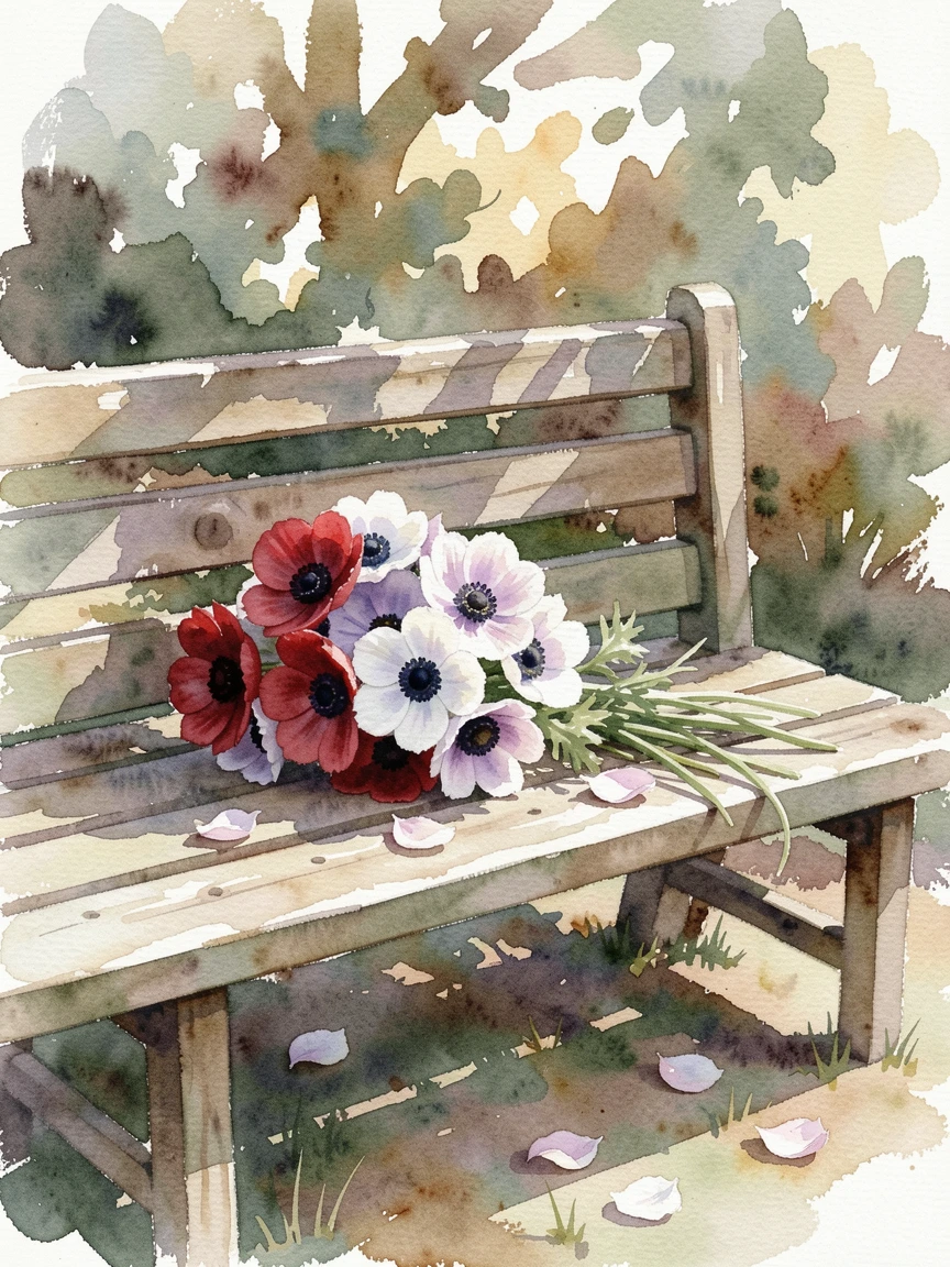 A bouquet of anemones on a garden bench with a few loose petals scattered nearby.