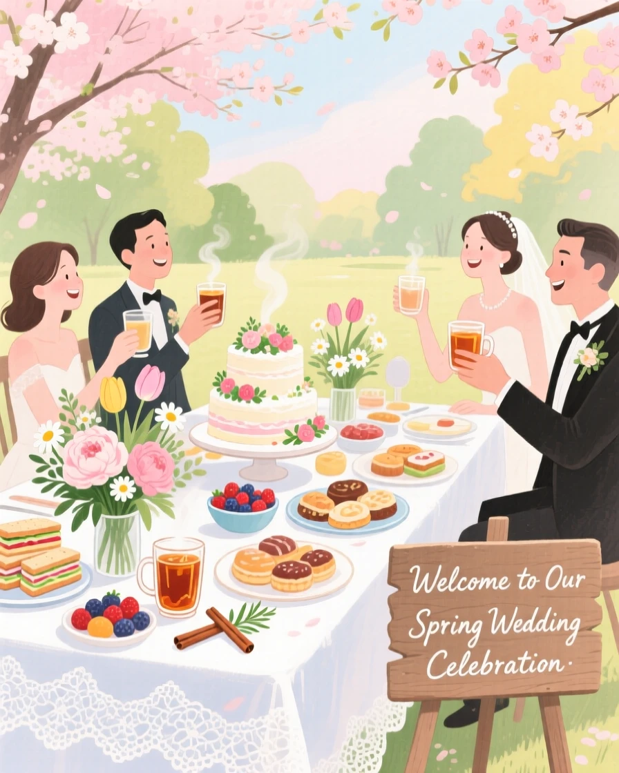 A joyful scene of a spring wedding celebration, filled with festive food and warm drinks, capturing the warmth of the celebration