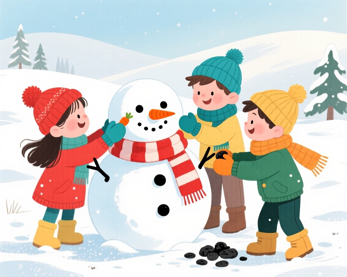 A festive scene of children building a snowman with a carrot nose and scarf.