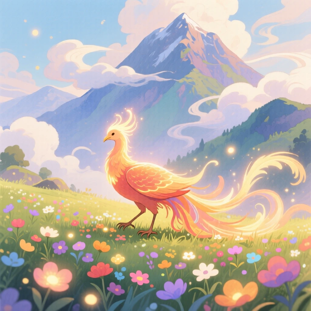 A glowing phoenix grazing peacefully in a meadow of glowing flowers, in a mystical mountain peak wrapped in clouds, brimming with magical warmth and beauty.