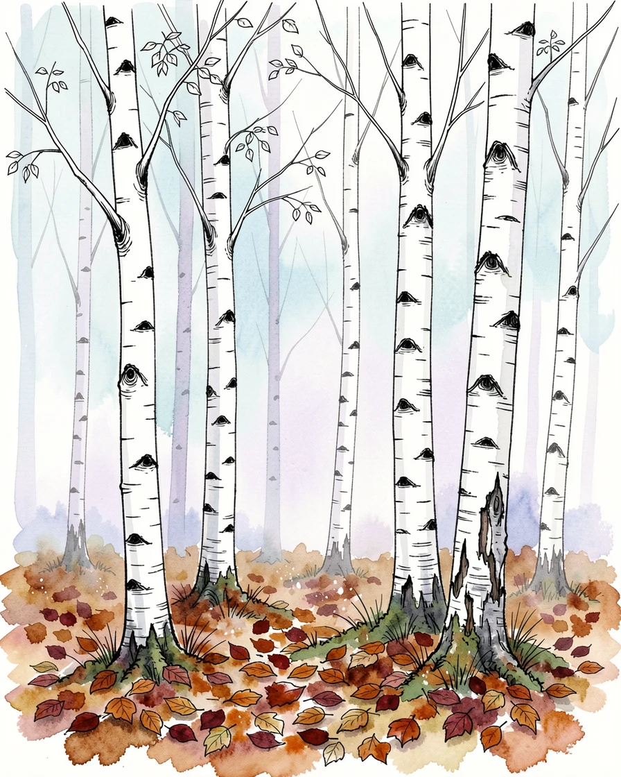 A quiet birch forest with slender white trunks rising from a carpet of fallen leaves, the air still and cool with the promise of a new day.