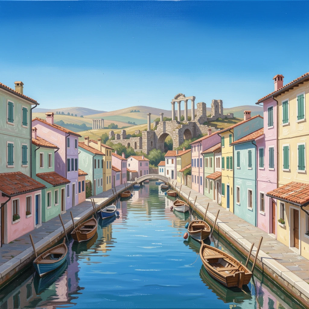 A network of canals lined with pastel-colored houses, boats gliding slowly along the water, overlooking a vast valley dotted with ancient ruins, under a vivid blue midday sky.