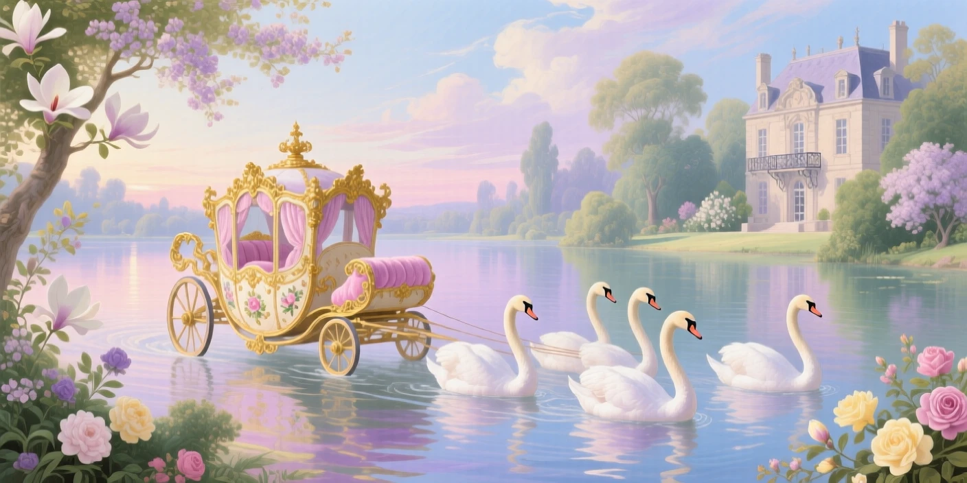 A royal carriage sailing across a lake pulled by graceful swans  