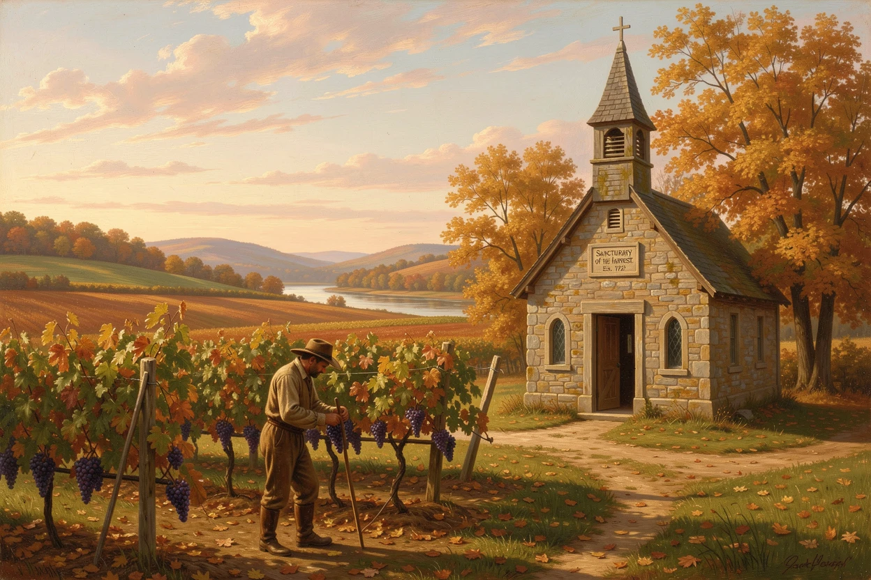 A farmer picks grapes across a quiet chapel at the edge of the fields as autumn colors the land.