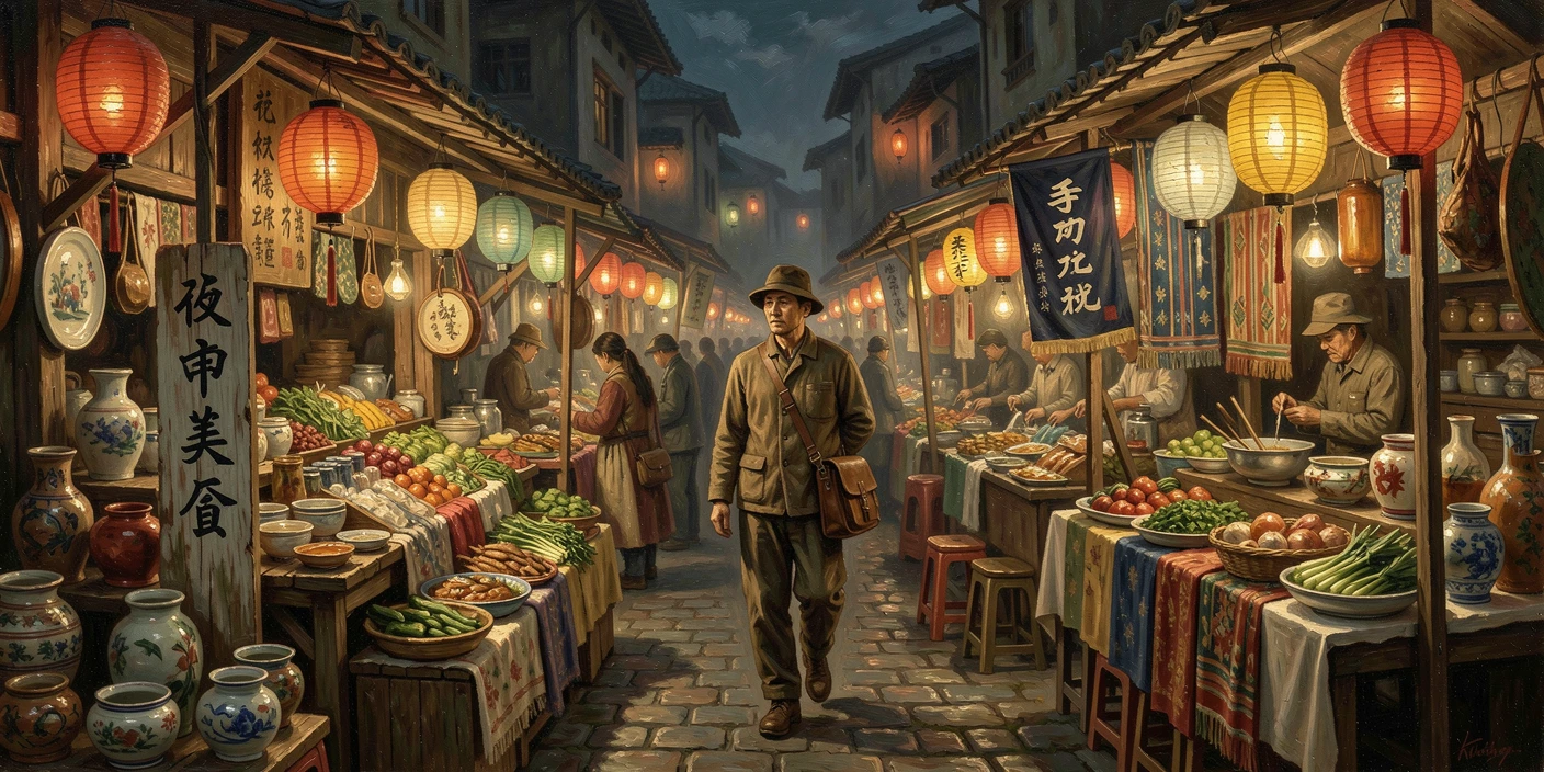 A traveler wandering through a vibrant, lantern-lit night market in Asia, with authentic local culture and scenery woven throughout, capturing the excitement, freedom, and wonder of travel
