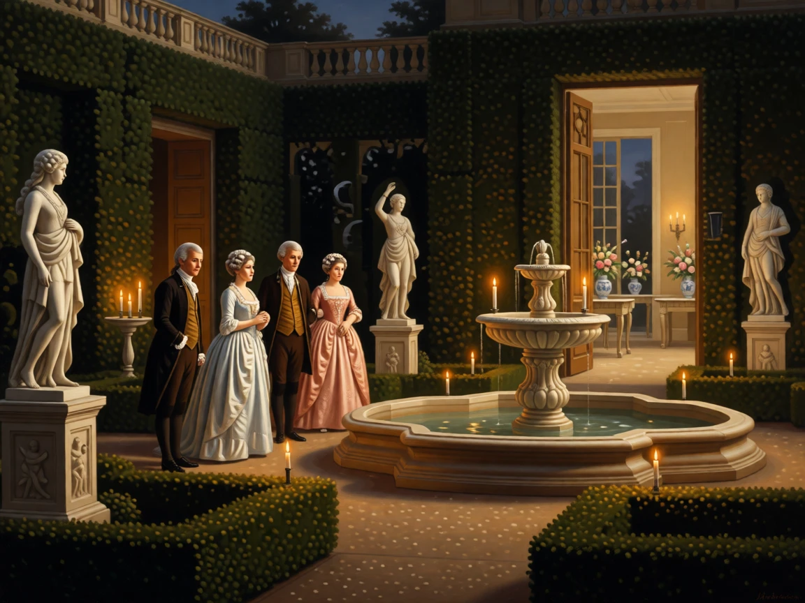 Guests admiring a fountain in the courtyard of a grand estate amid the elegant bustle of a formal evening, set in a formal garden with clipped hedges and marble statues, with fresh flowers arranged in porcelain vases throughout the room; warm candlelight pools around the principal figures against a cooler backdrop, suggesting both splendor and the fleeting nature of such moments.