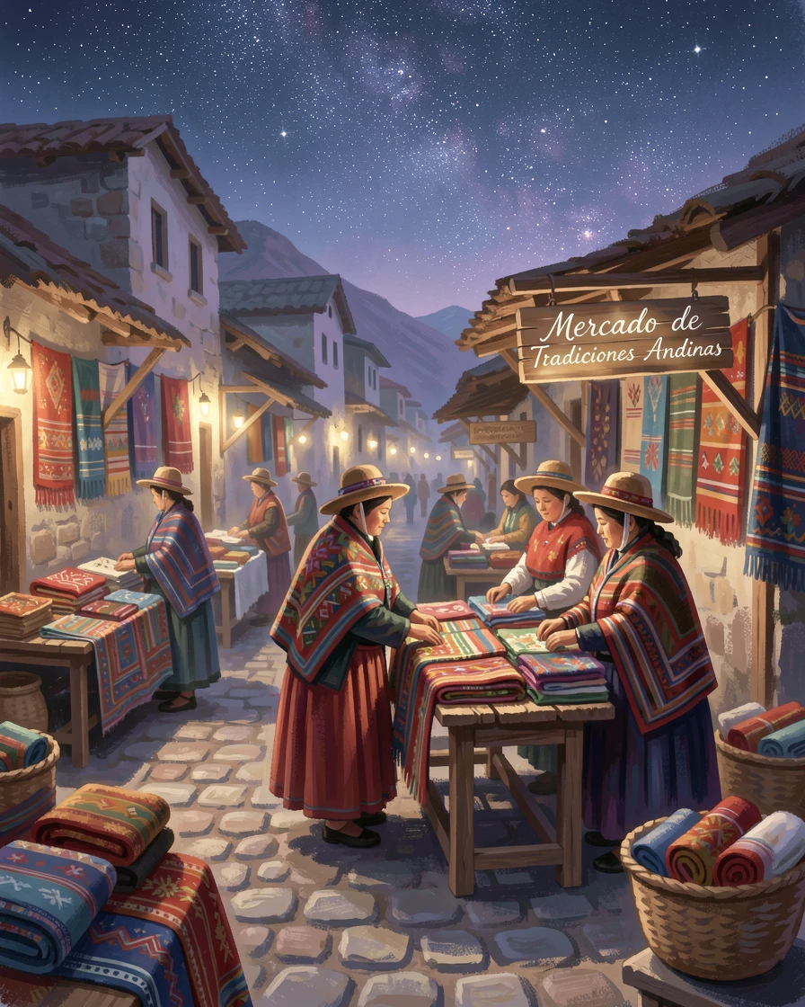 A quiet Andean village market where women in traditional dress sell handwoven textiles, under a canopy of stars, radiating serenity and gentle stillness.