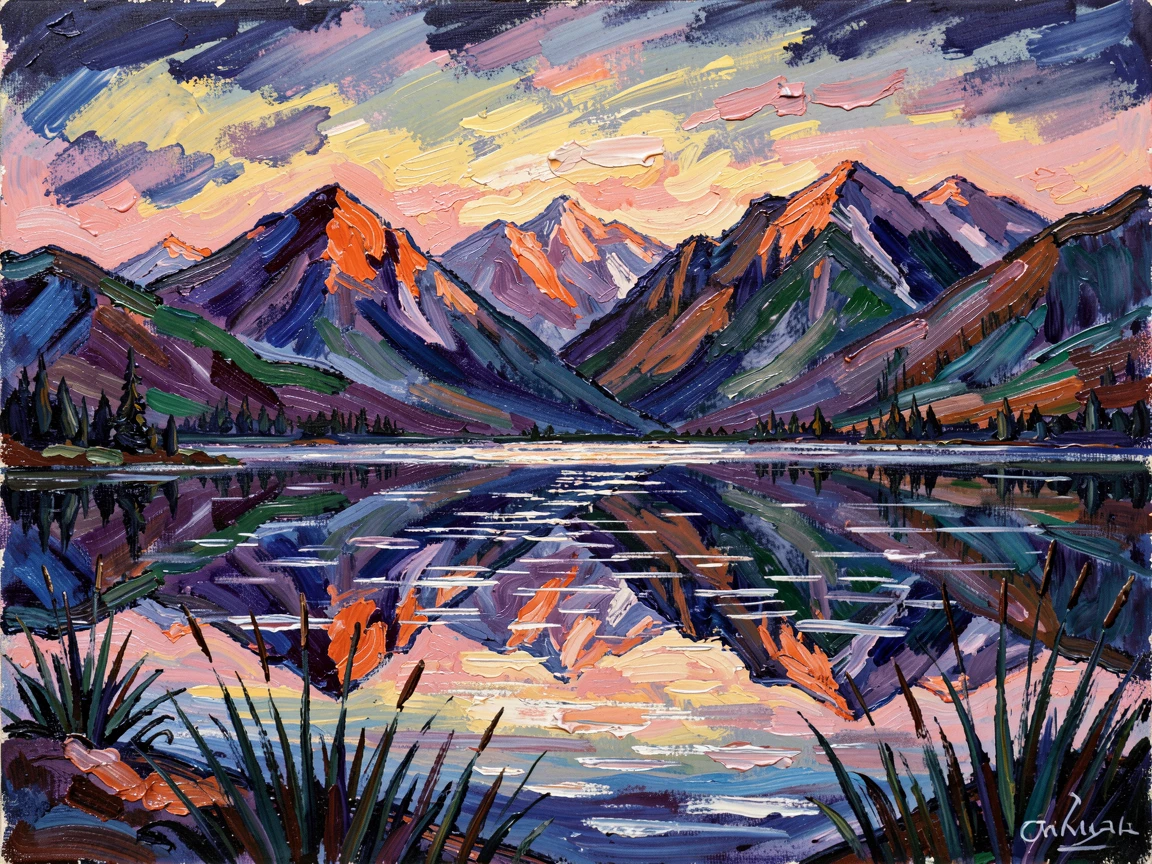 A quiet reflection of a mountain range shimmering on the surface of a still lake at dusk.