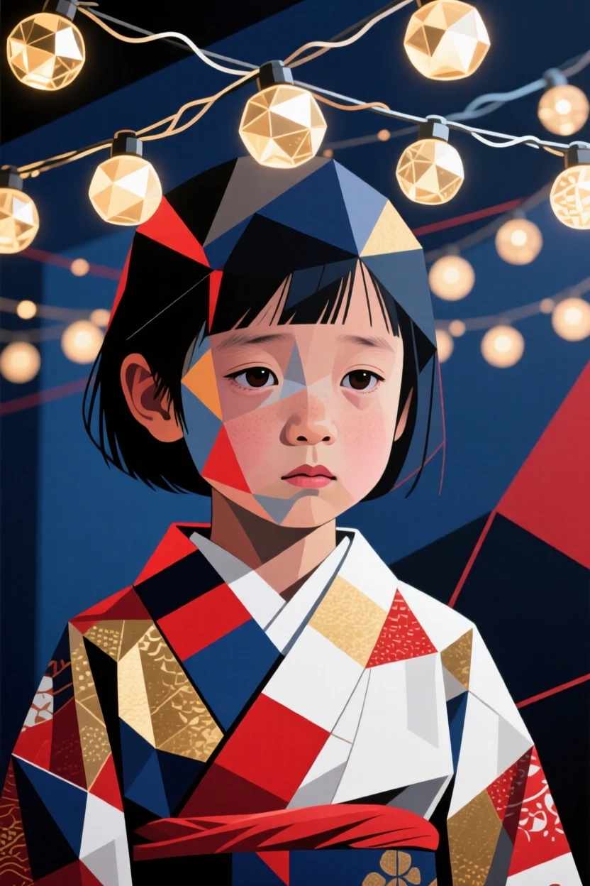 A close-up portrait of a young child of Japanese heritage, lost in quiet thought, beneath a canopy of string lights.