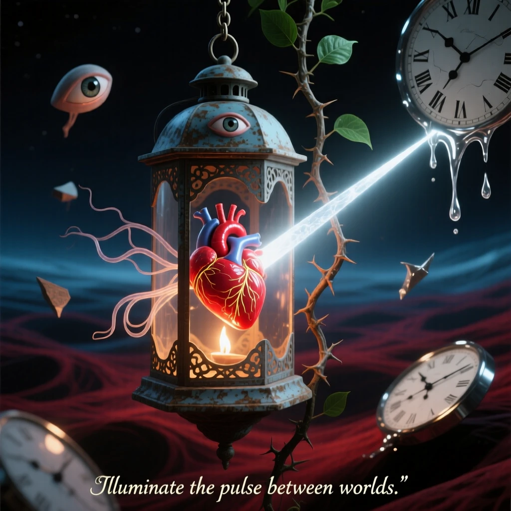 A lantern whose flame is shaped like a tiny beating heart exists suspended between light and shadow, while a single beam of light falls directly upon it.