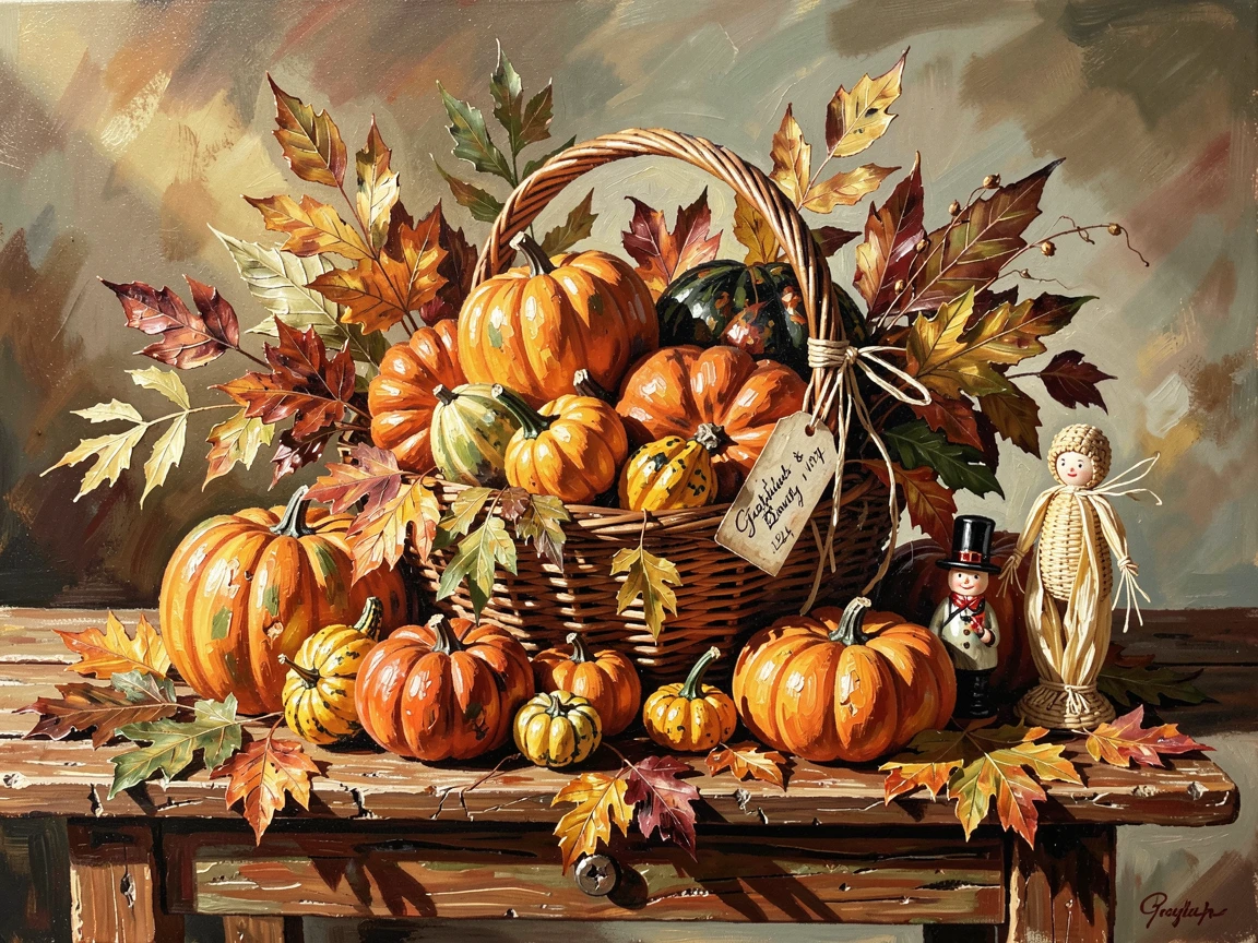 A bountiful Thanksgiving cornucopia centerpiece overflows with pumpkins, gourds, and autumn leaves on a rustic wooden table, small cultural details woven throughout the scene, grounding it in a specific time and place.