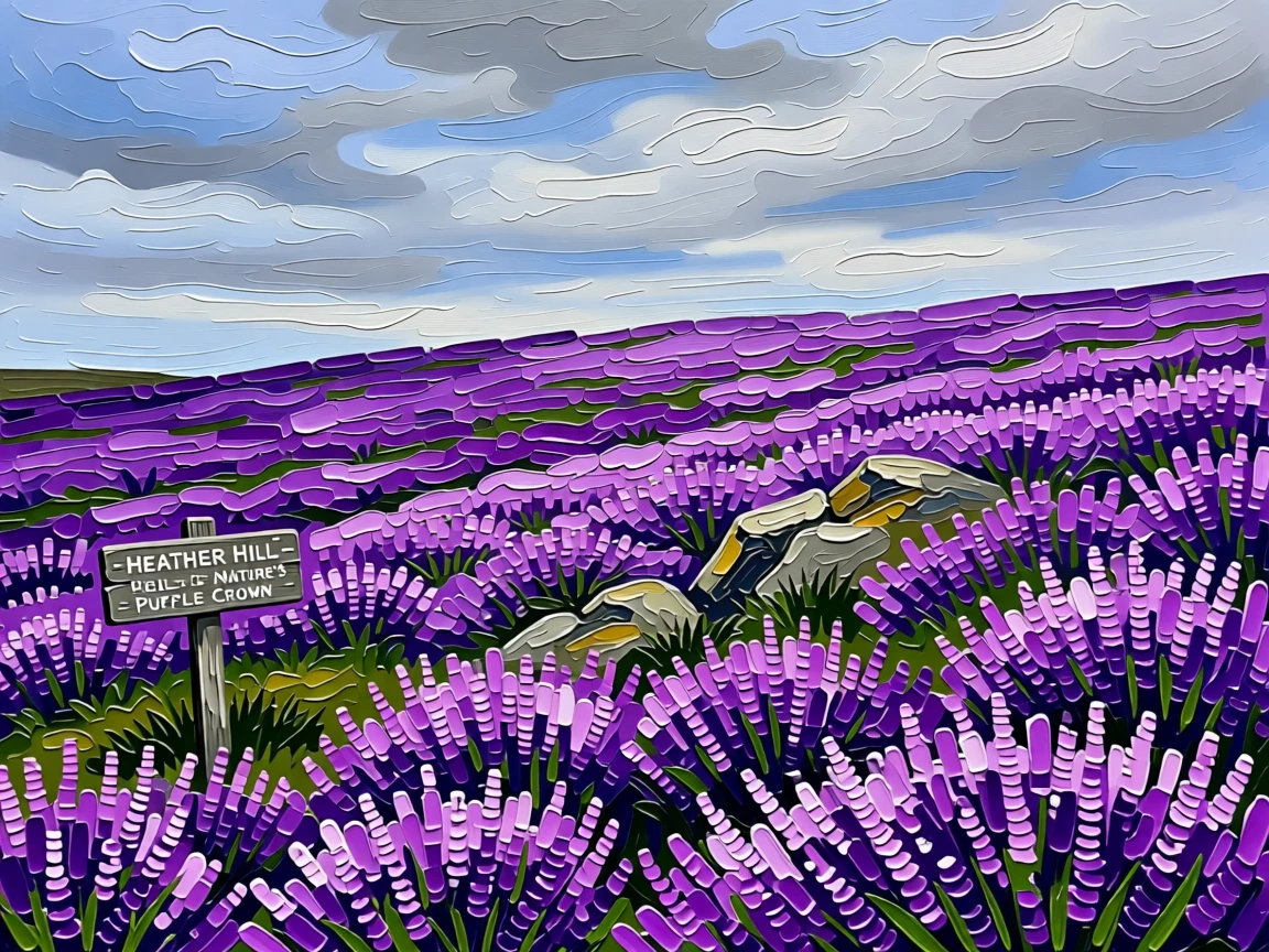 A field of blooming heather turning a Scottish hillside a brilliant shade of purple
