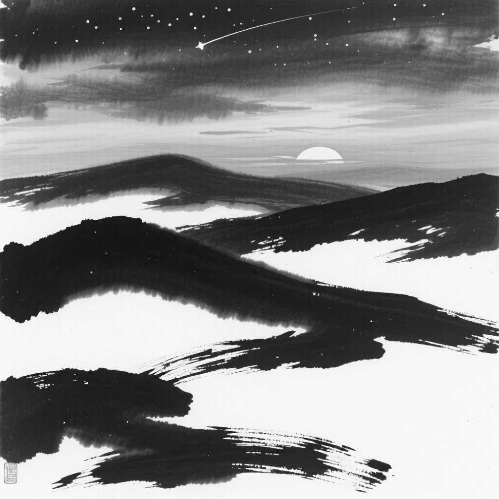 A dramatic sunset paints the sky in shades of orange above rolling hills, as the first stars begin to appear overhead.