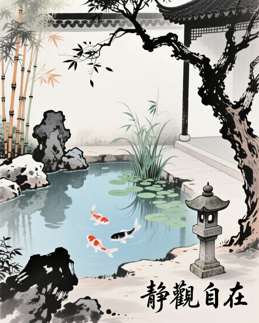 A secluded garden courtyard with a small koi pond, imbued with timeless calm.