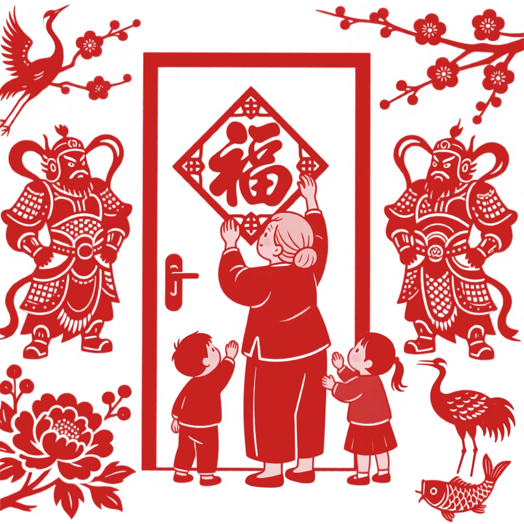 An elderly grandmother pasting a red diamond-shaped 'Fu' character upside down on her front door, grandchildren watching and mimicking the gesture, a pair of door-god prints flanking the entrance