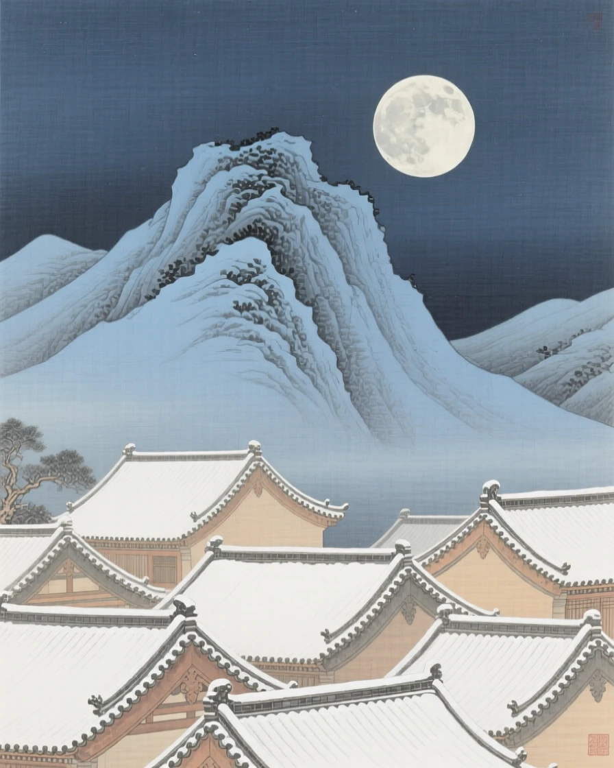 A full moon rising over a mountain silhouette, over rooftops dusted with fresh snow