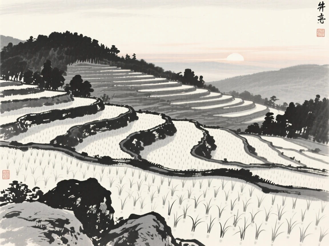 A field of rice terraces climbing a gentle hillside at first light, when the world is still hushed and grey, framed low, with the foreground rocks leading the eye toward the distance, evoking a deep sense of solitude and quiet grandeur.