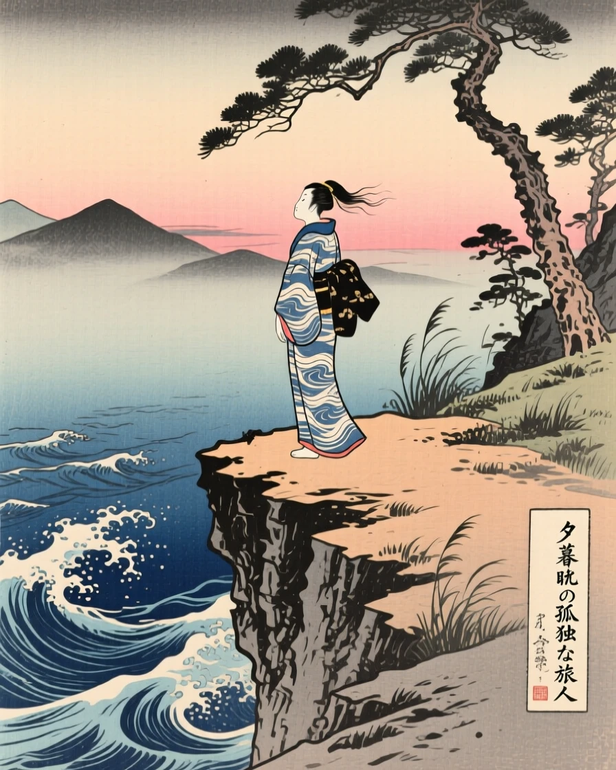A solitary figure standing at a storm-lashed cliff edge, from a quiet hilltop at dusk.