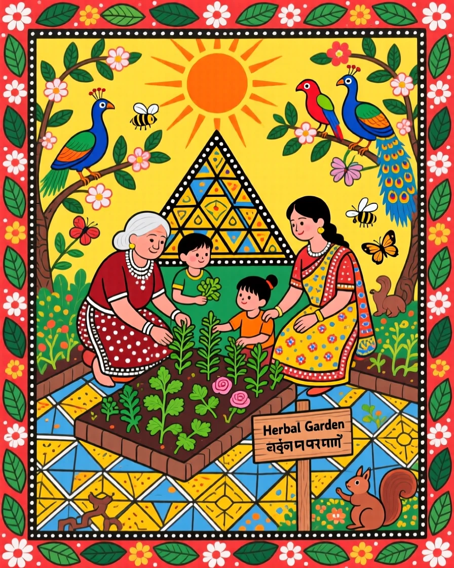 A family gathering herbs together in a sunlit kitchen garden.