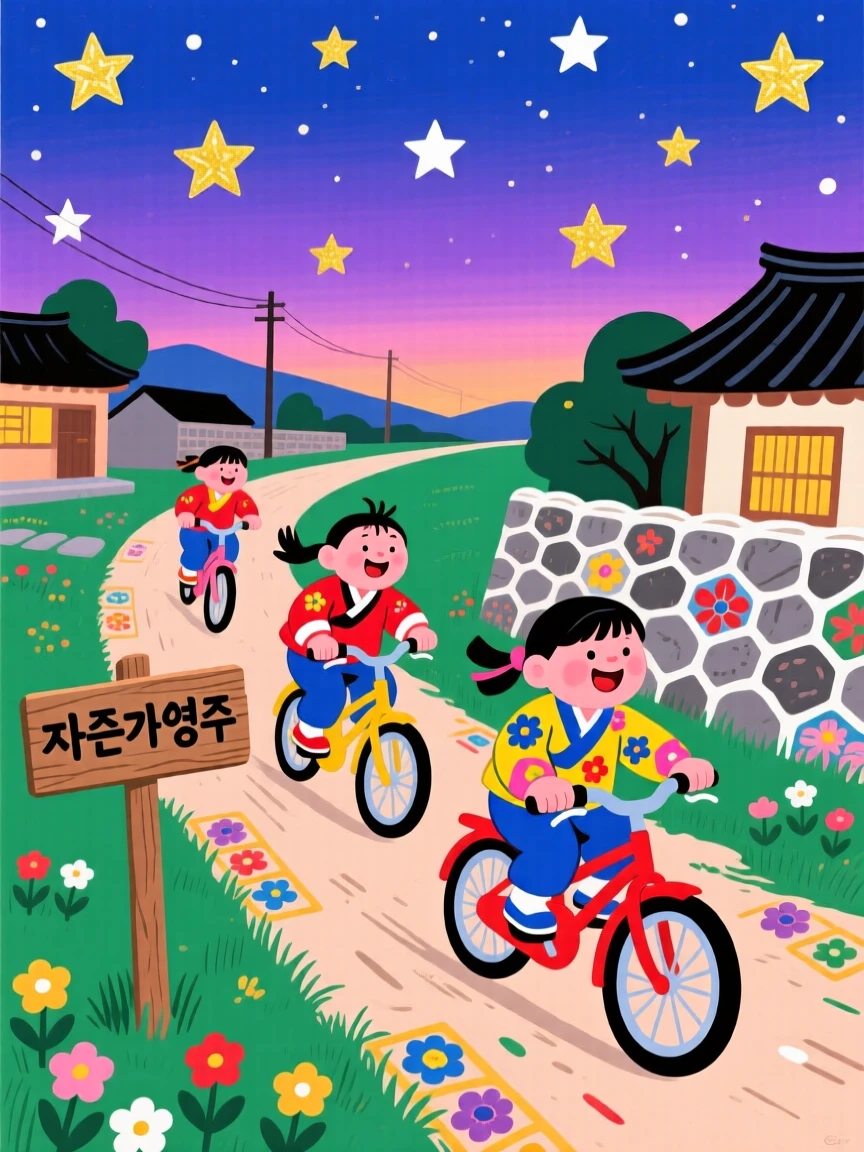 Childhood friends racing bicycles down a village lane as the first stars appear overhead.