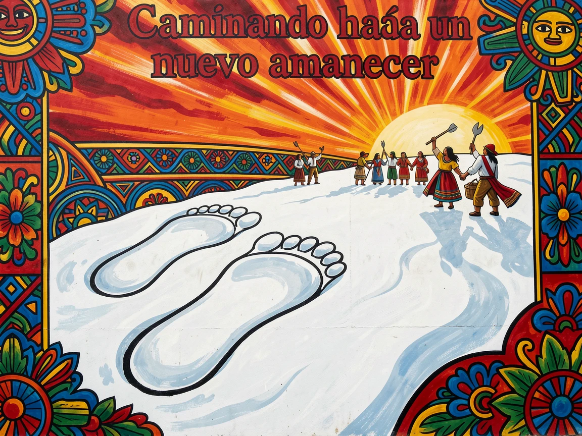 A pair of footprints leading through untouched snow toward sunrise