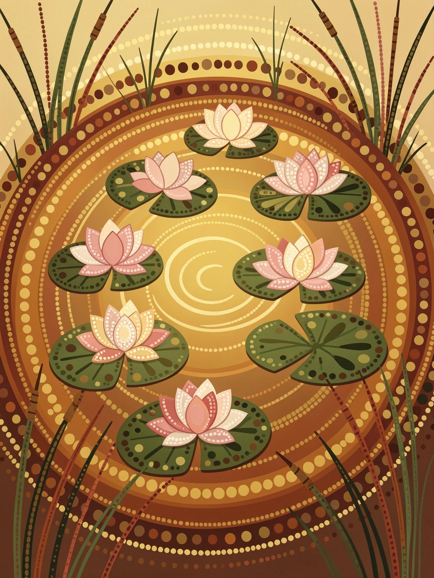 A lotus-covered pond bathed in golden afternoon light