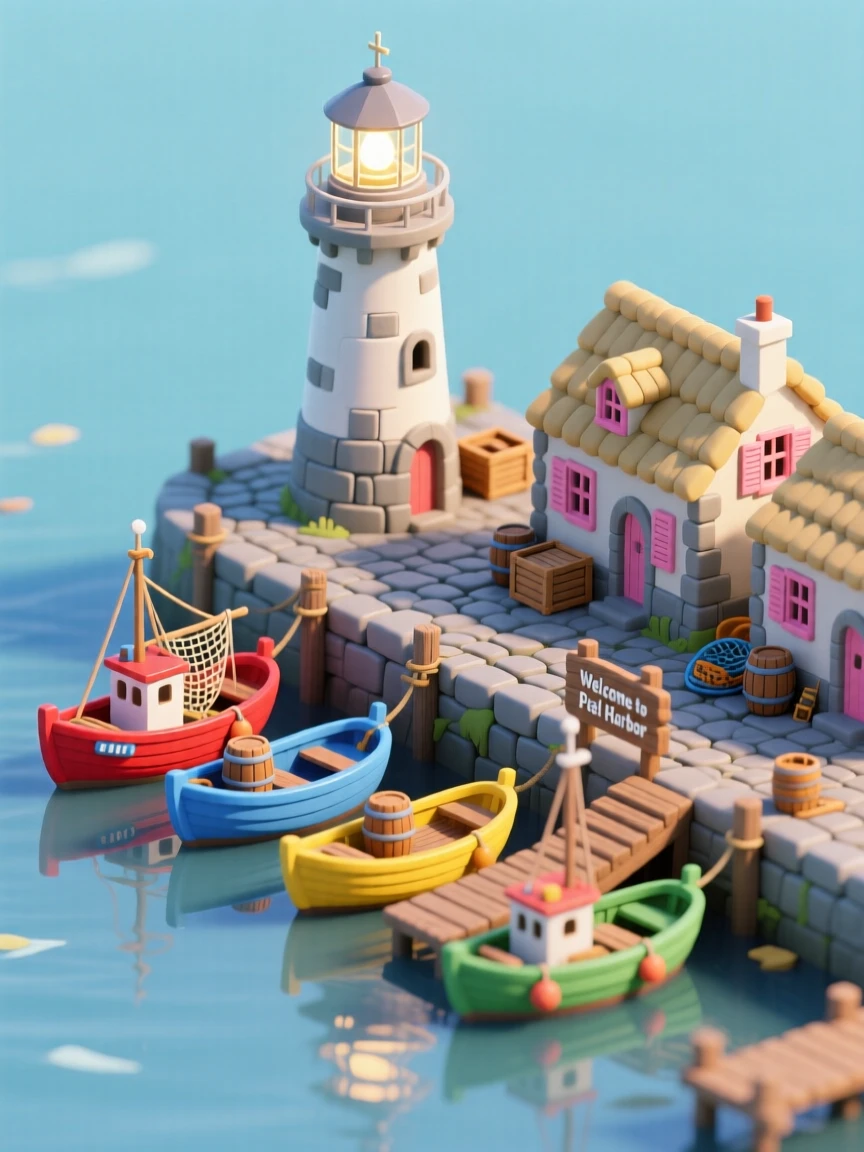 A medieval Manx fishing village with a stone harbor, colorful boats, and a lighthouse standing at the edge of the bay.