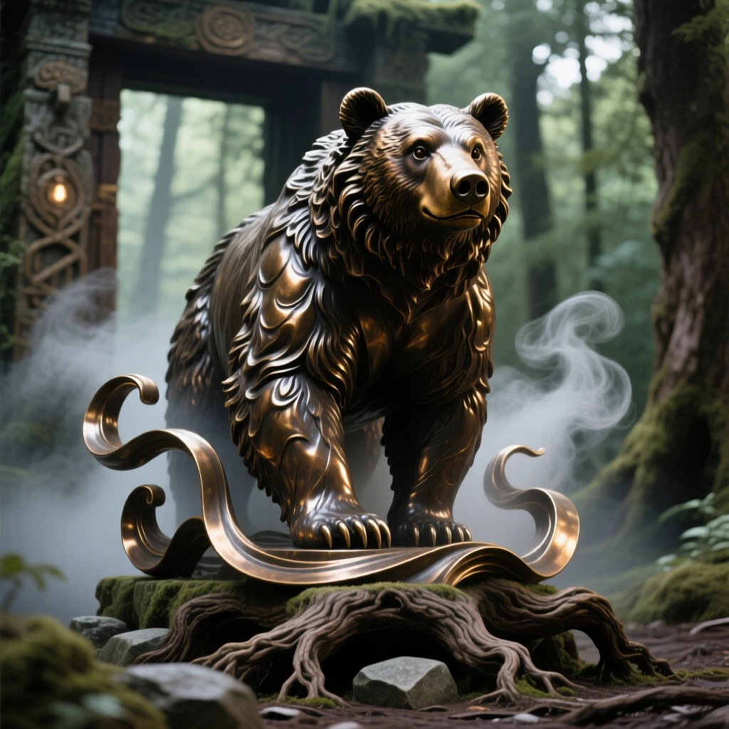 A spirit bear guarding an ancient sacred grove, surrounded by swirling mist and light, radiating awe and grandeur
