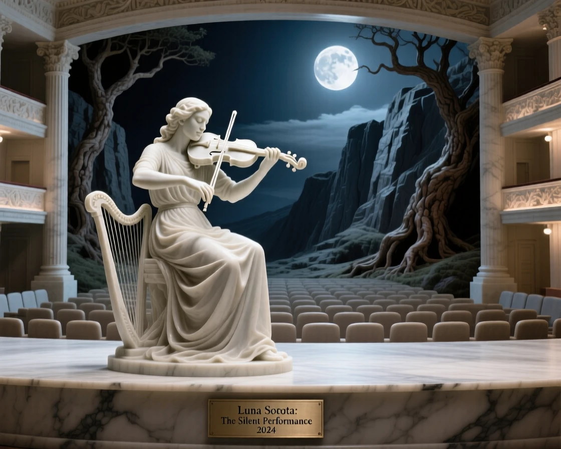 A vivid, emotionally rich scene of a violinist performing for an empty, moonlit theater, framed by dramatic natural scenery, designed to captivate and inspire
