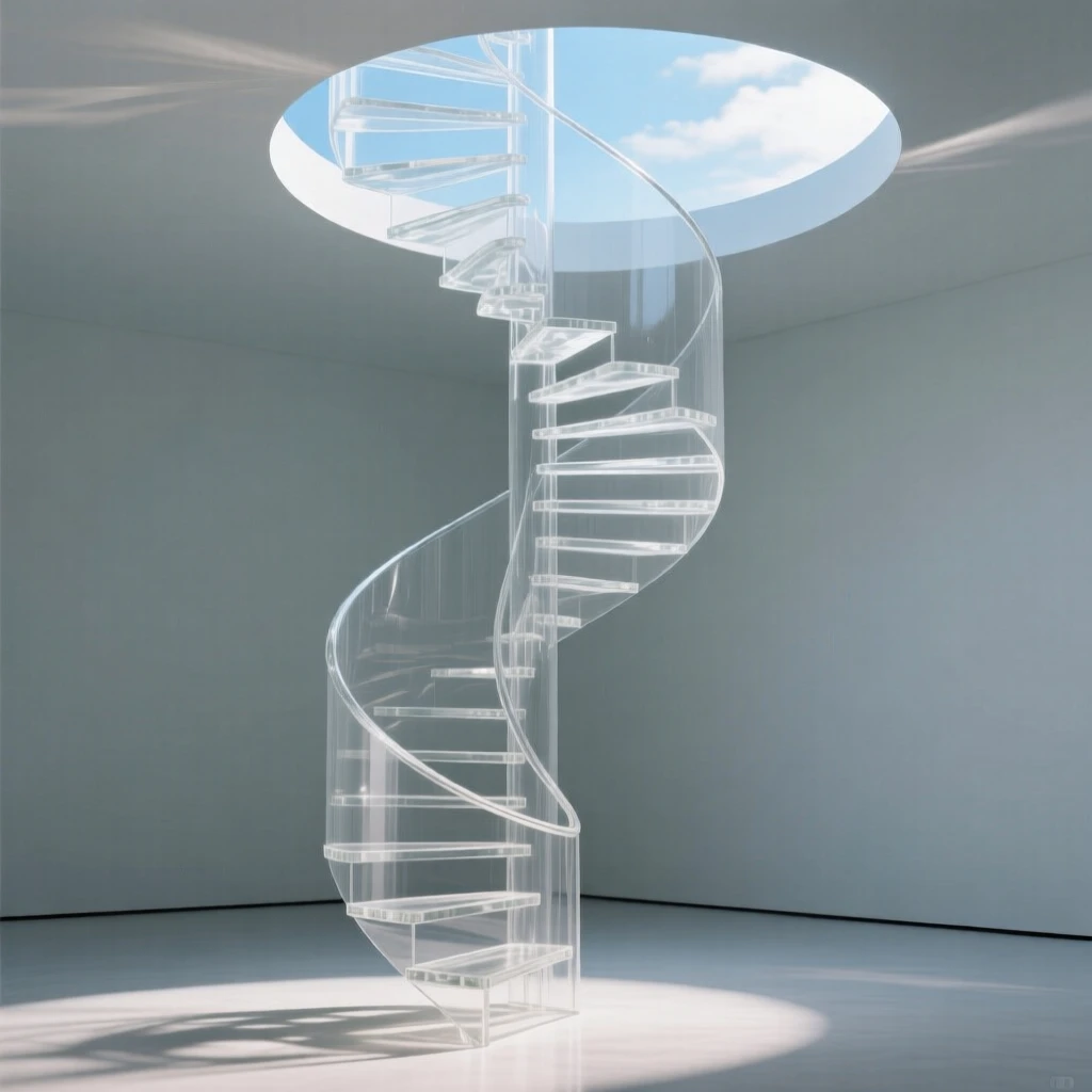 A spiral staircase ascending endlessly into a bright open sky beneath a sky filled with softly drifting light, while a quiet stillness surrounds the entire scene