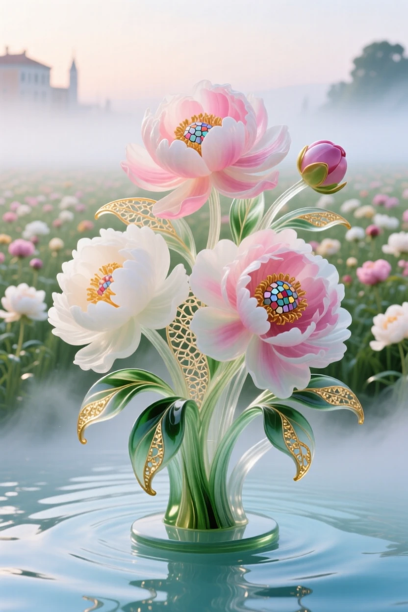 A field of blooming peonies unfurling beneath the very softest morning mist, lush and romantic.