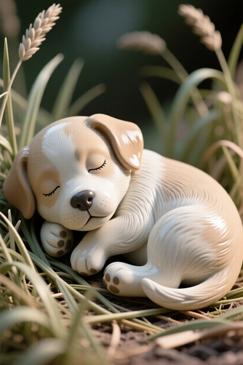 A sleeping puppy bounding joyfully through tall grass, its ears tilted forward in attention, radiating warmth and tender innocence.