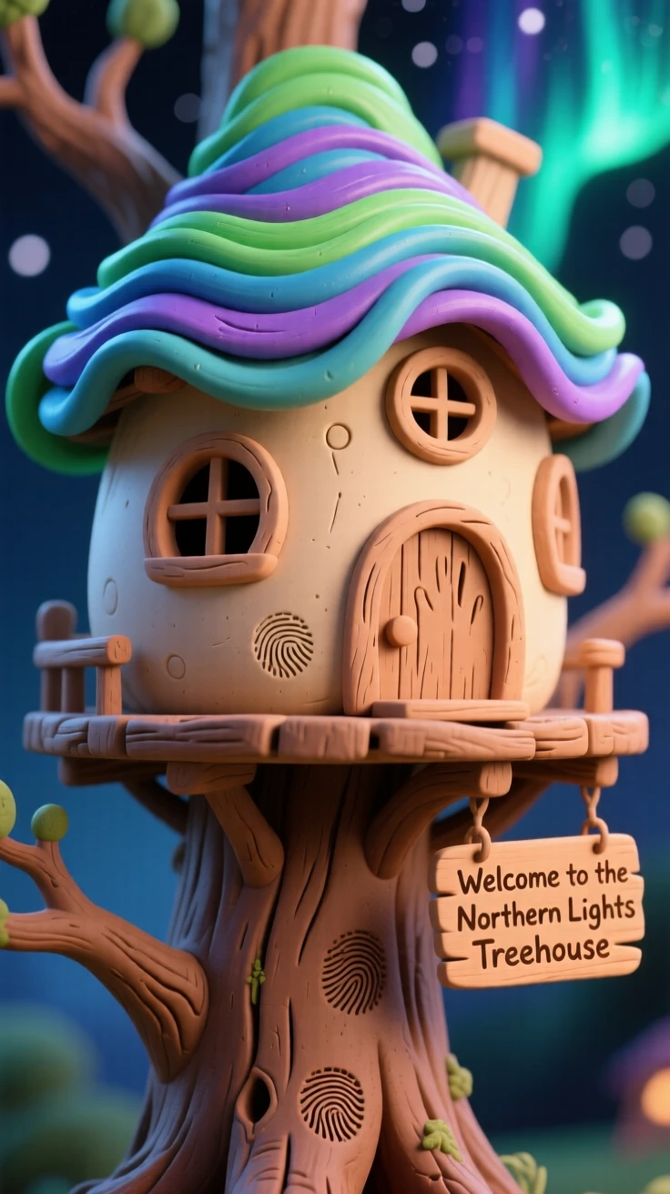 A treehouse where the roof is made entirely of northern lights